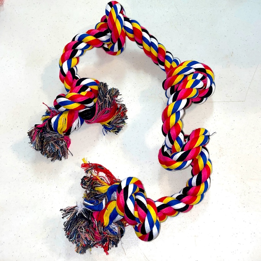 🎉HP🎉NWOT Large Dog 5 Knot Rope Toy Pink & Yellow - Picture 1 of 3